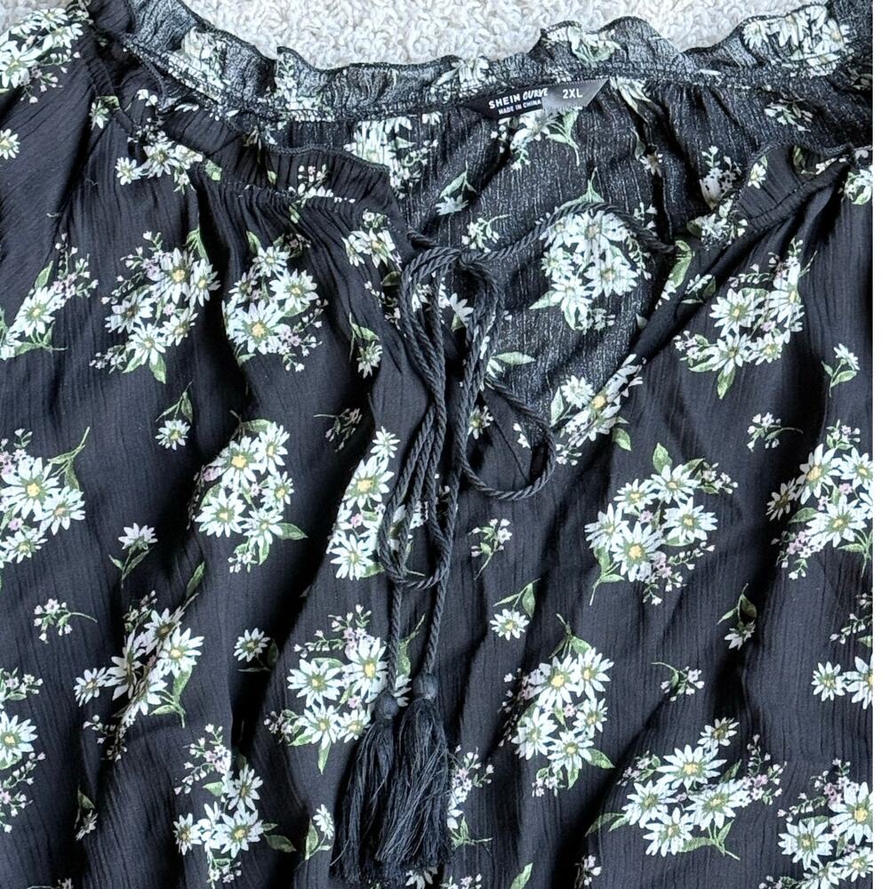 Womens Plus Size Blouse Tassel Tie Neck Lanter Sleeve Daisy print Size 2XL - Picture 4 of 14